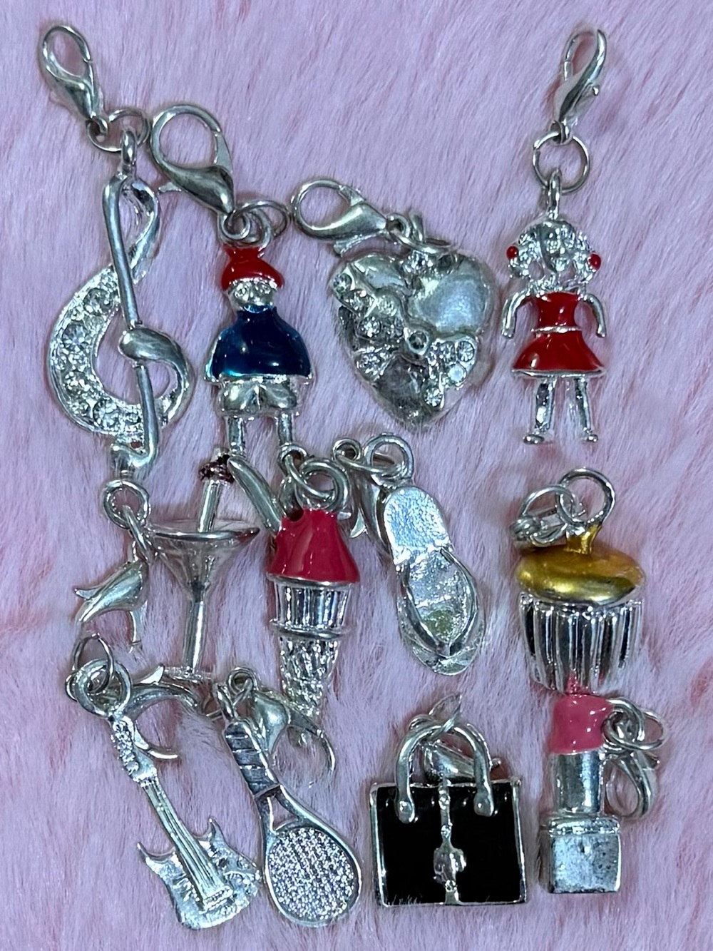 925 Sterling Silver Plated Boy Girl Handbag Lipstick Heart ClipOn Charm Bracelet
